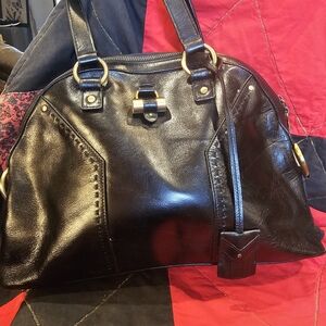 Yves Saint Laurent Black Leather Shoulder Bag with Metal Accents